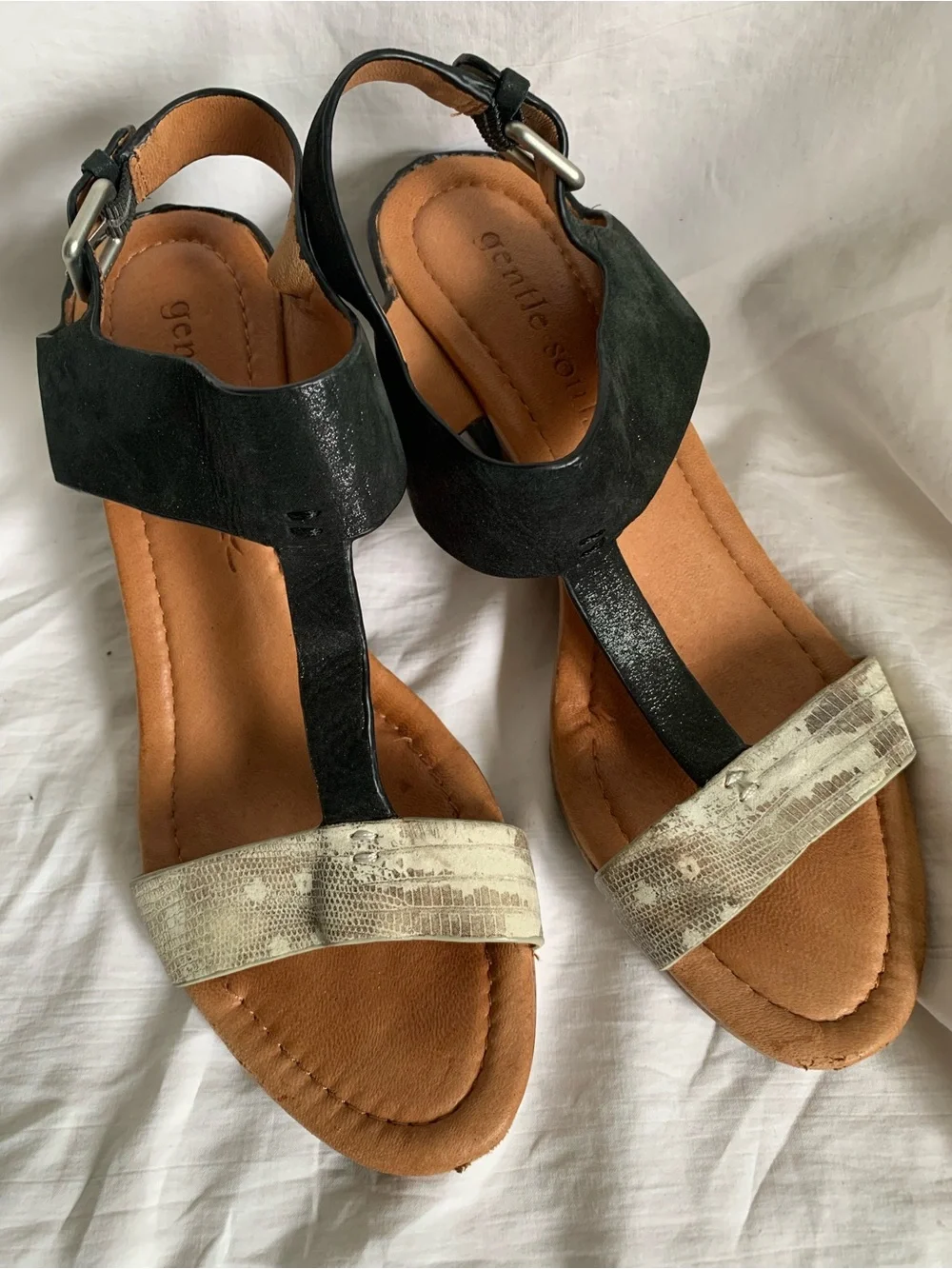 gentle souls Black and Beige Snake-Print T-Strap Sandals